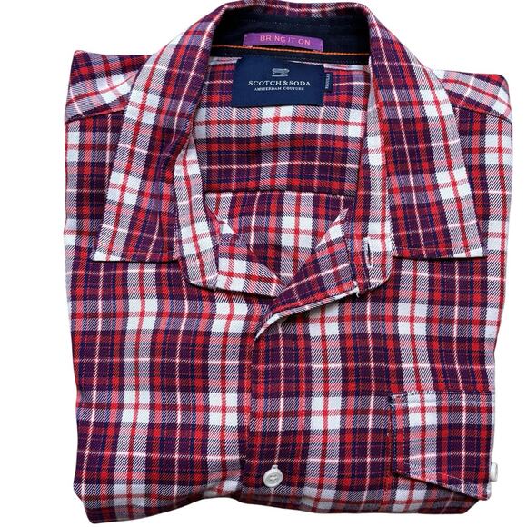 Scotch & Soda Red Purple Plaid Flannel Button Down Shirt Regular Fit Men’s XL - Picture 7 of 8